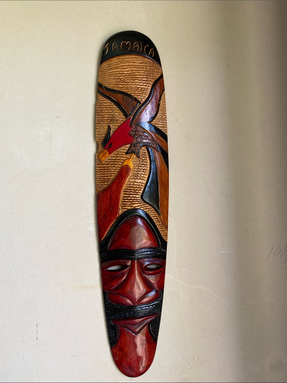 Vintage Jamaican Hand-Carved Tribal Wall Art Mask